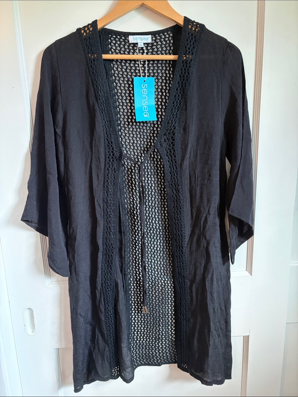 Black Crochet-Trim Tie-Front Swim Coverup - Small
